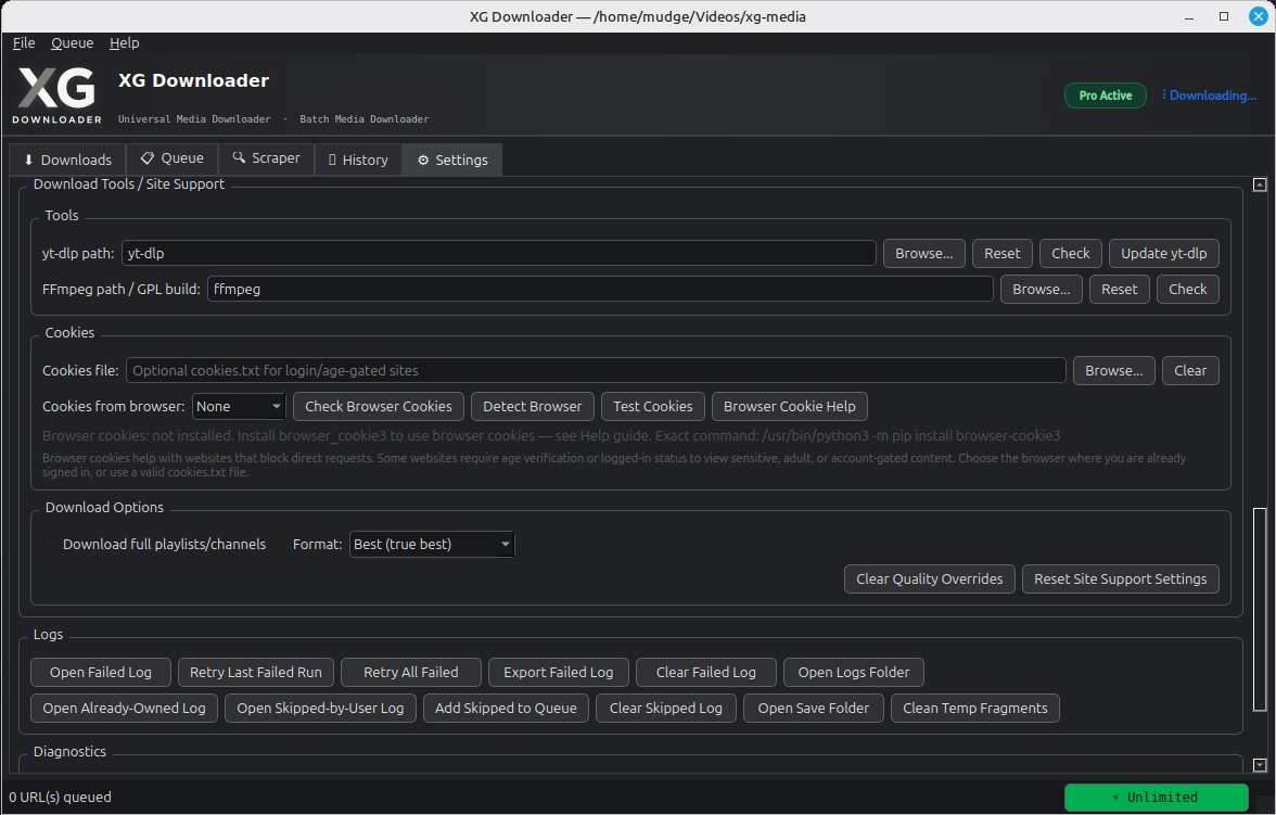 Settings tab