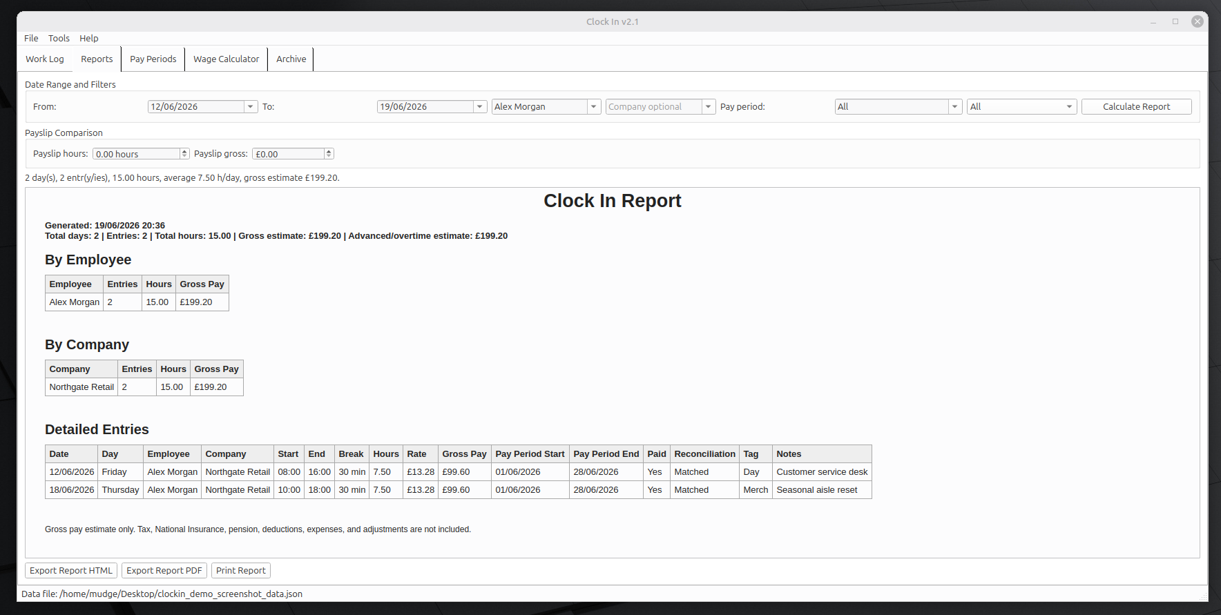 Clock In report screen showing date filters, payslip comparison, and report tables.